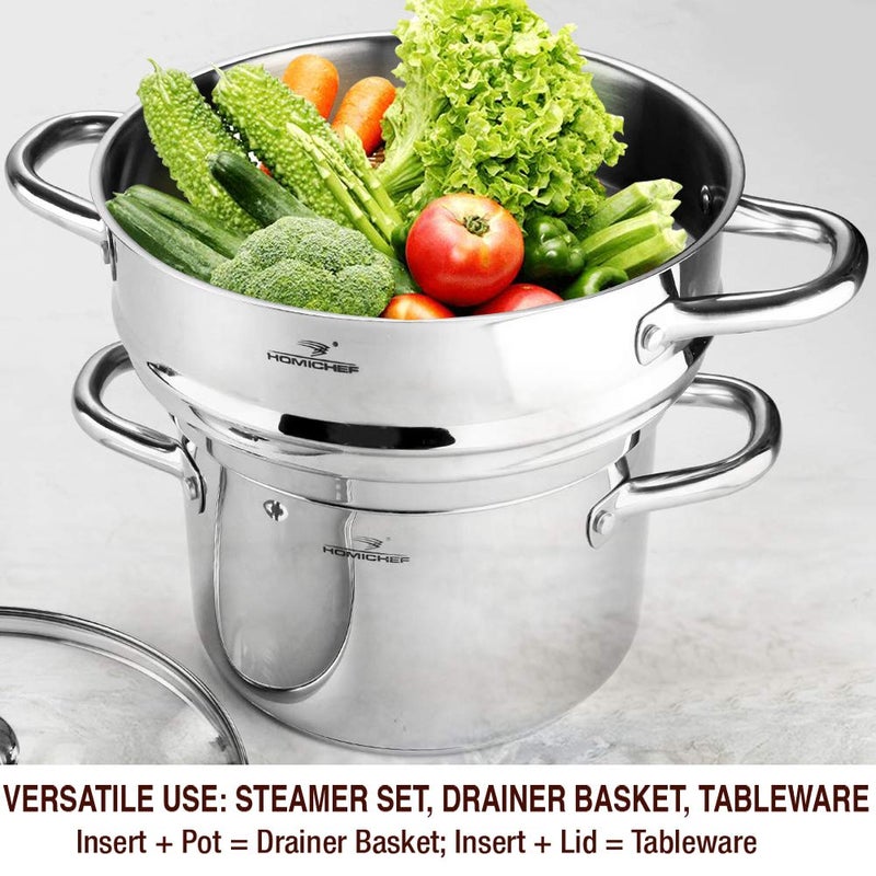 HOMICHEF 3 PCS Whole Food Steamer Set - Nickel Free Stainless Steel Veggie Steam Pot (9.5" Large Vegetable Steamer Insert With Lid, 8" Steam Pot) - Image 5